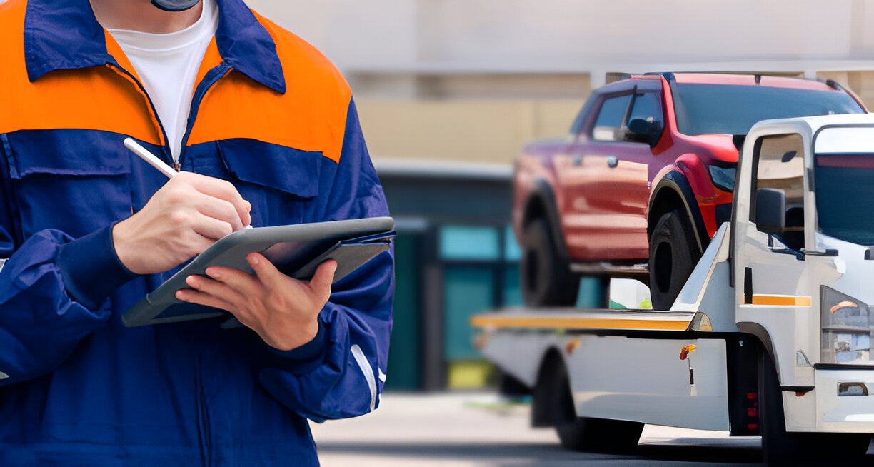 Insurance officer using electronic pen to recording data of broken pickup